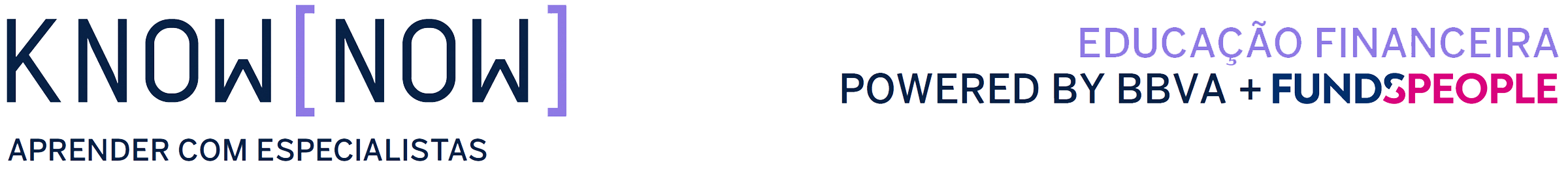 Logotipo da newsletter KNOW NOW, comopsto pelas próprias letras da palavra, e com referência a Educação Financeira, uma parceria BBVA e Funds People.