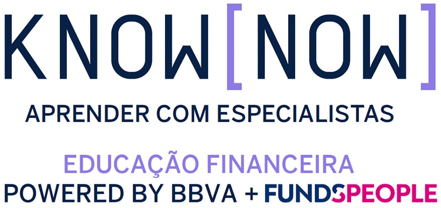 Logotipo da newsletter KNOW NOW, comopsto pelas próprias letras da palavra, e com referência a Educação Financeira, uma parceria BBVA e Funds People.